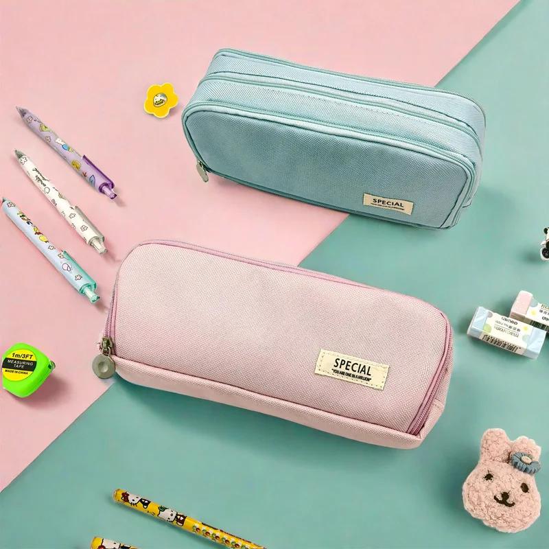 Multi Layer Student Pencil Case Large Capacity Multifunctional Storage Bag Canvas Macaron Colored Stationery Bag Pencil Case