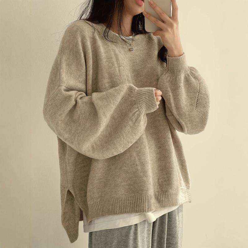 Korean Style Lazy Loose Fit Crew Neck Long Sleeve Knit Sweater For Women