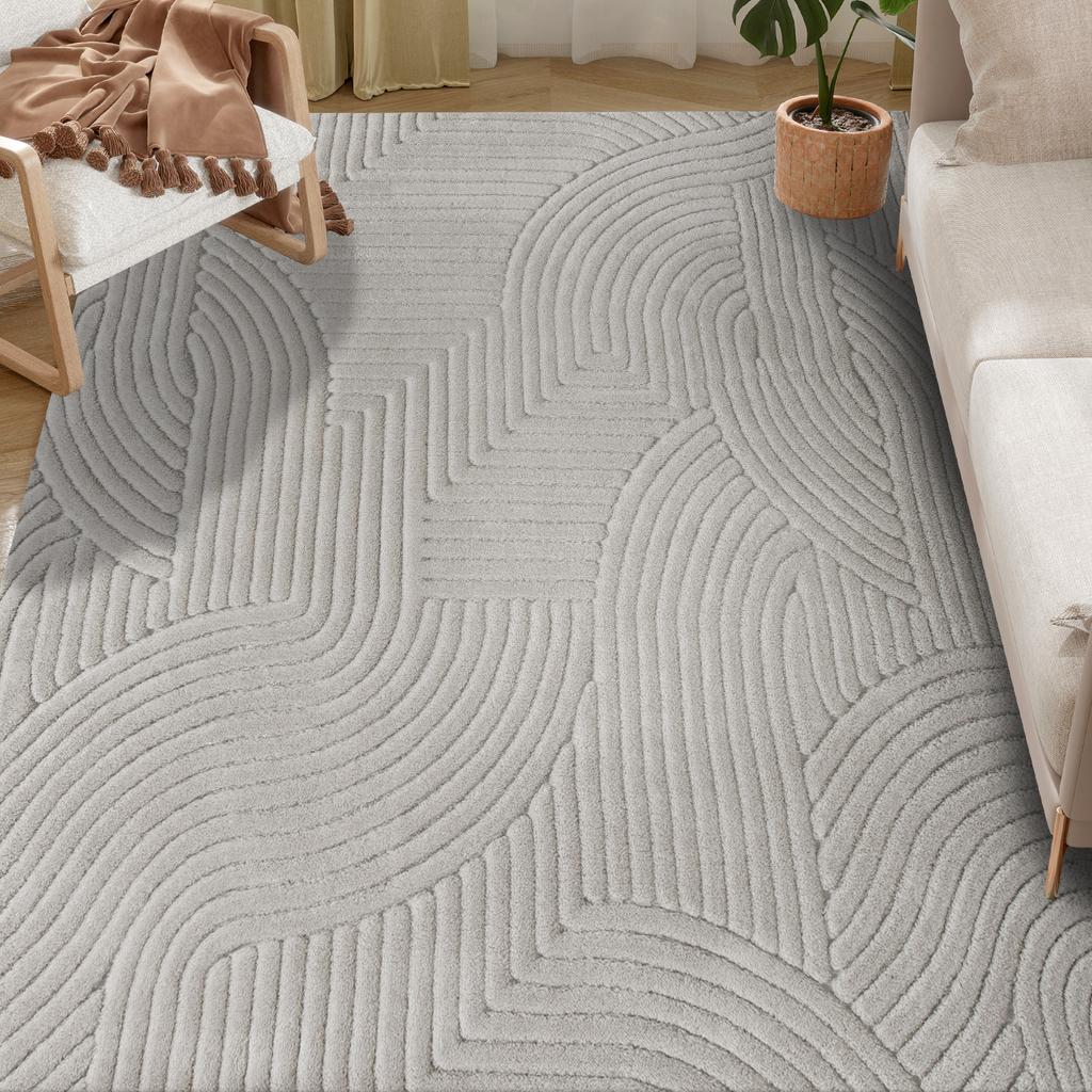 Living Room Rug, Thick Pile Geometric, Non-Slip, 160 x 120 cm, Grey