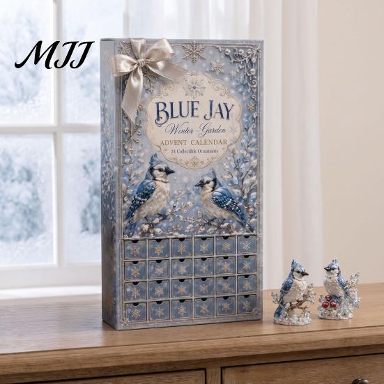 Ice Blue Jay Ornament Advent Calendar, 24-Day Winter Garden Countdown Box Wonderland Decorations with Acrylic 2D Ornaments, Christmas Tree Hanging