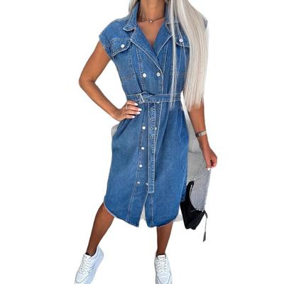 Women's Casual Lapel, Sleeveless, Buttoned, Open-chest, Cinched Waist, Lace-up Denim Dress