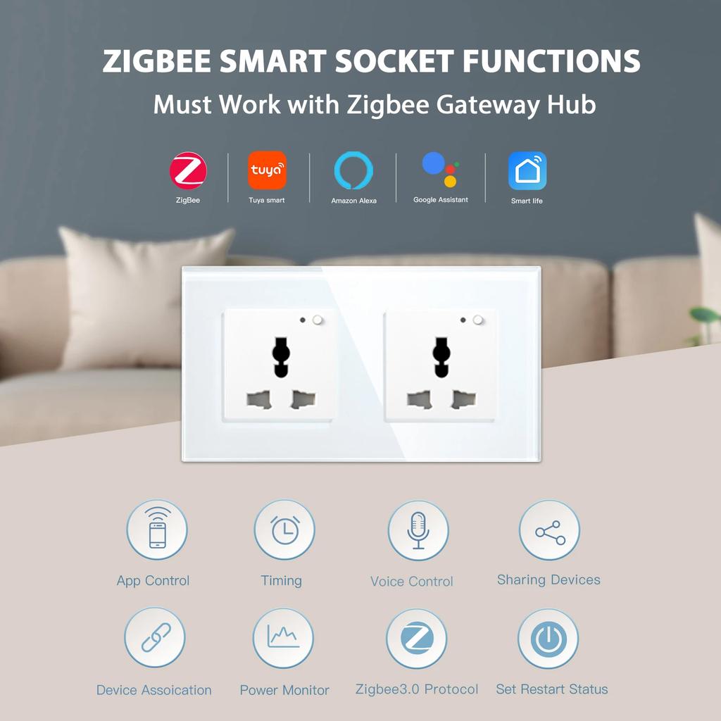 BSEED Zigbee Soquetes Inteligentes Universais Monitor de Potência Soquete de Energia Multifuncional Controle por App Tuya Smart Life Alexa Estrutura de Vidro