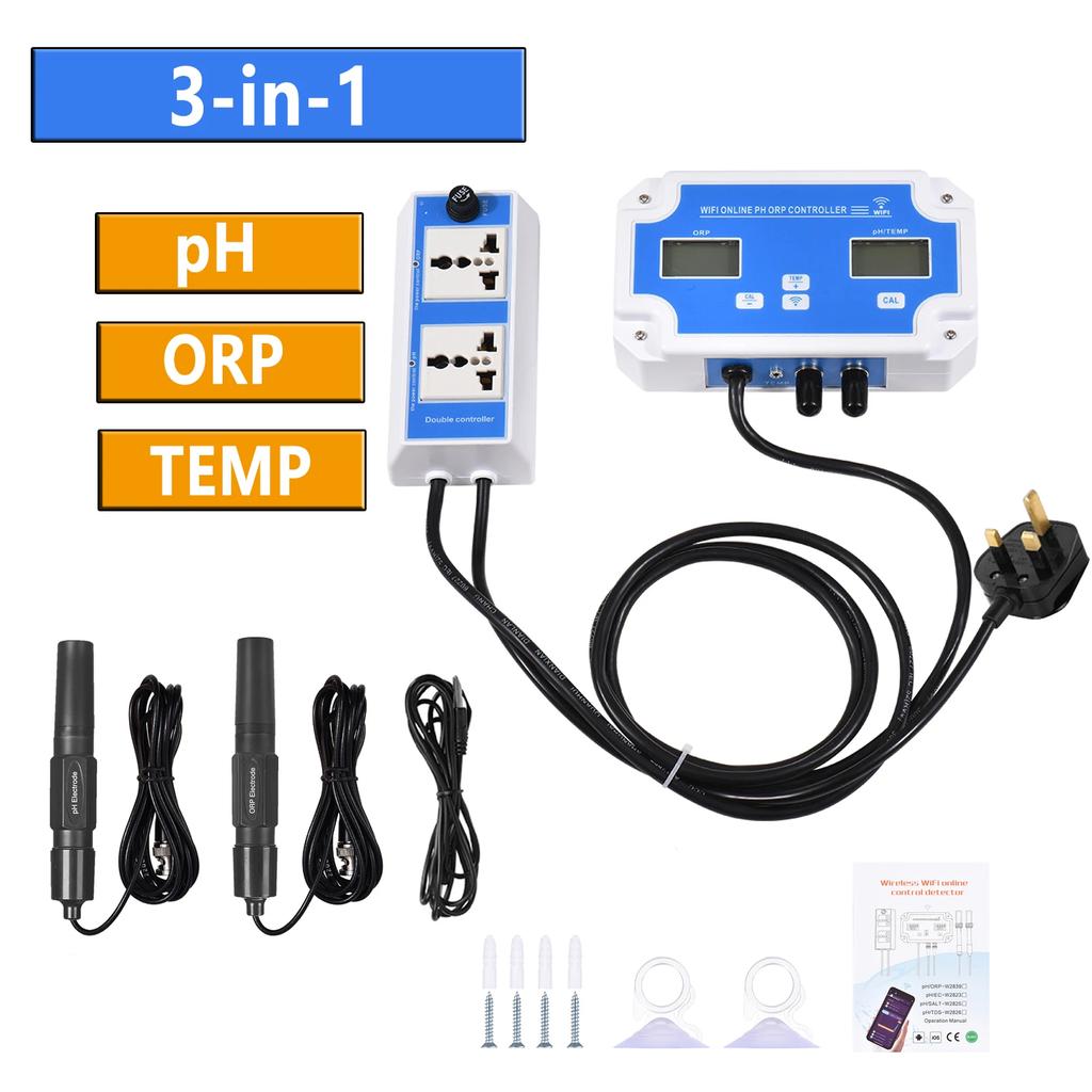 Wireless WiFi Online Control Detector Water Quality Detector 3-in-1 pH/ORP/TEMP Controller Water Quality Tester BNC Type Probe