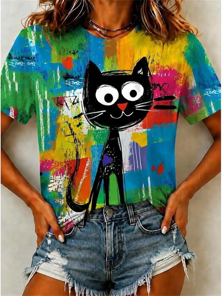 Women's Summer Round-Neck Casual T-Shirt: Artistic Short-Sleeve T-Shirt with Abstract Line Dog Print Minimalist Streetwear Top