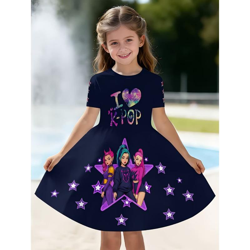 Girls Summer Clothes Kpop Cartoon Graphic Print Dress for Girls Funny Gift for Fan Harajuku O-Neck Short Sleeve Children's Dress