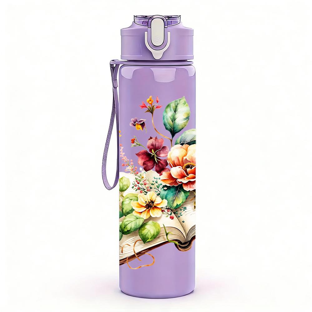 1PC Open Book Fresh Floral Arrangement 750ml Color Plastic Sports Water Bottle Leakproof Flip Straw Lid Suitable for Sports Office Home Use