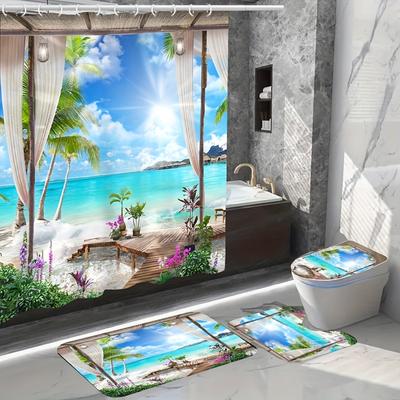 4pcs Summer Beach Shower Curtain Bathroom Non-Slip Mat, U Shape Toilet Rug And Toilet Lid Cover, Bathroom Decor