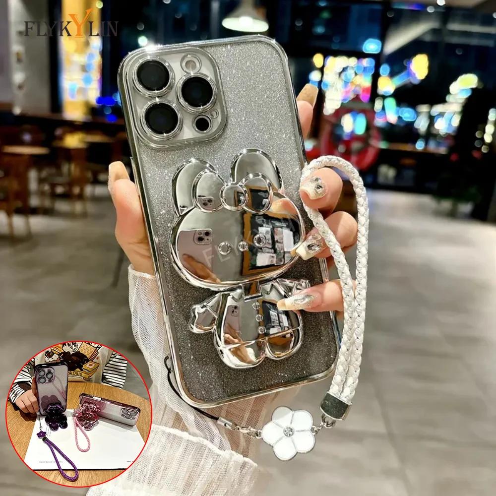 Luxury Glitter Rabbit Mirror Phone Case For Honor X6 X6S X7 X7A X8 X8A X8C 4G X8B X9 X9A Four Leaf Clover Hand Rope