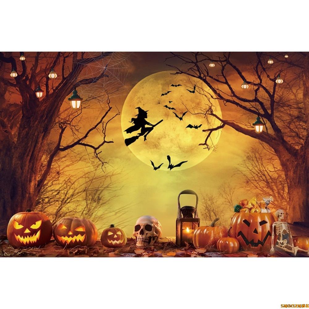 1pc Orenge Halloween Party Backdrop Moon Pumpkin Bats Witch Dustproof Banner for Halloween Themed Party Background Decoration