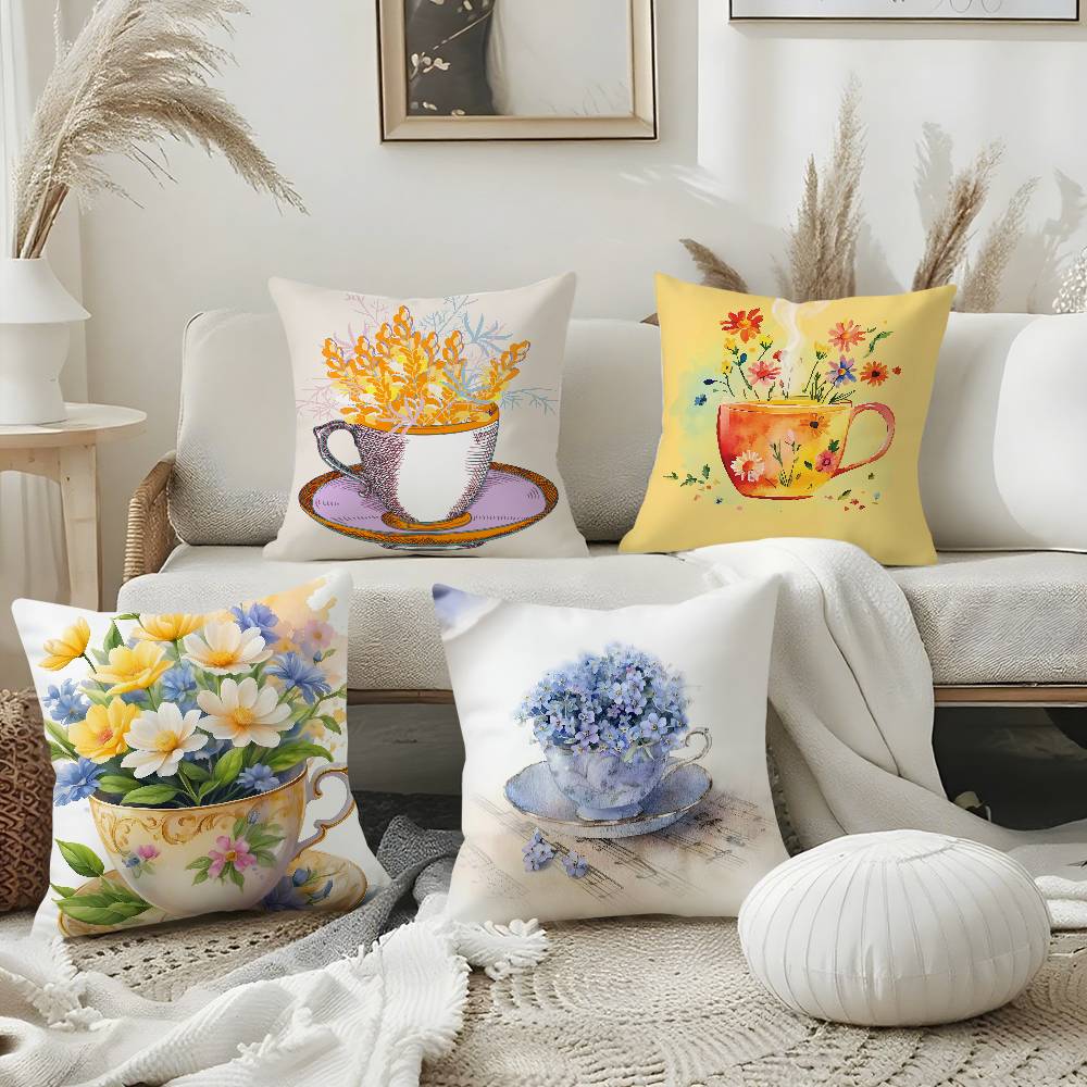 Painting Cup Of Flowers Pillow Case Soft Plush Fabric Double Sided Print Decorative Home Living Room Gift Cushion Cover