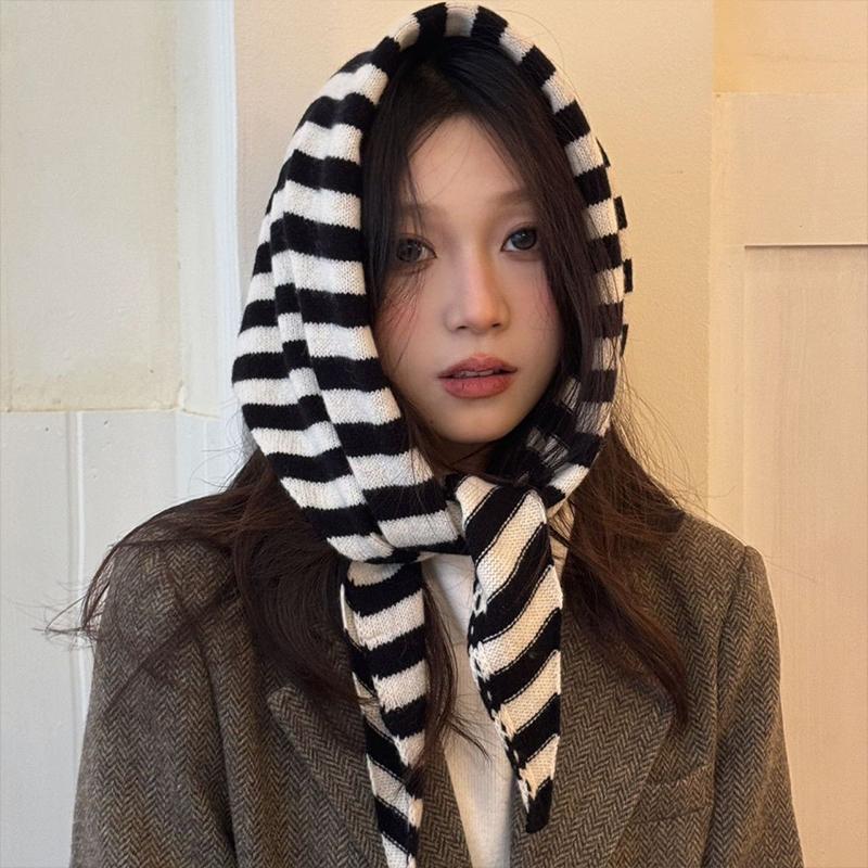 Striped Triangle Scarf Women s Autumn And Winter Knitted Small Scarf Fashionable Warm Versatile Neck Protection Scarf Shawl one size чёрный