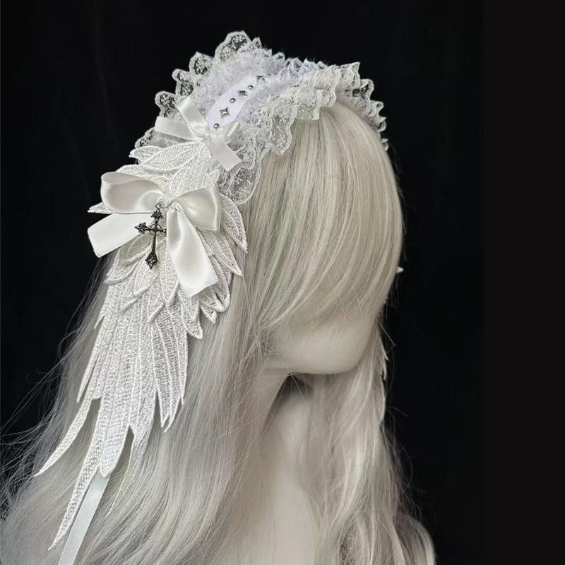 Elegant Lace Trim Headband With Angelic Wing Anime Hairhoop Hair Decoration For Special Occasion Masquerade Headpiece