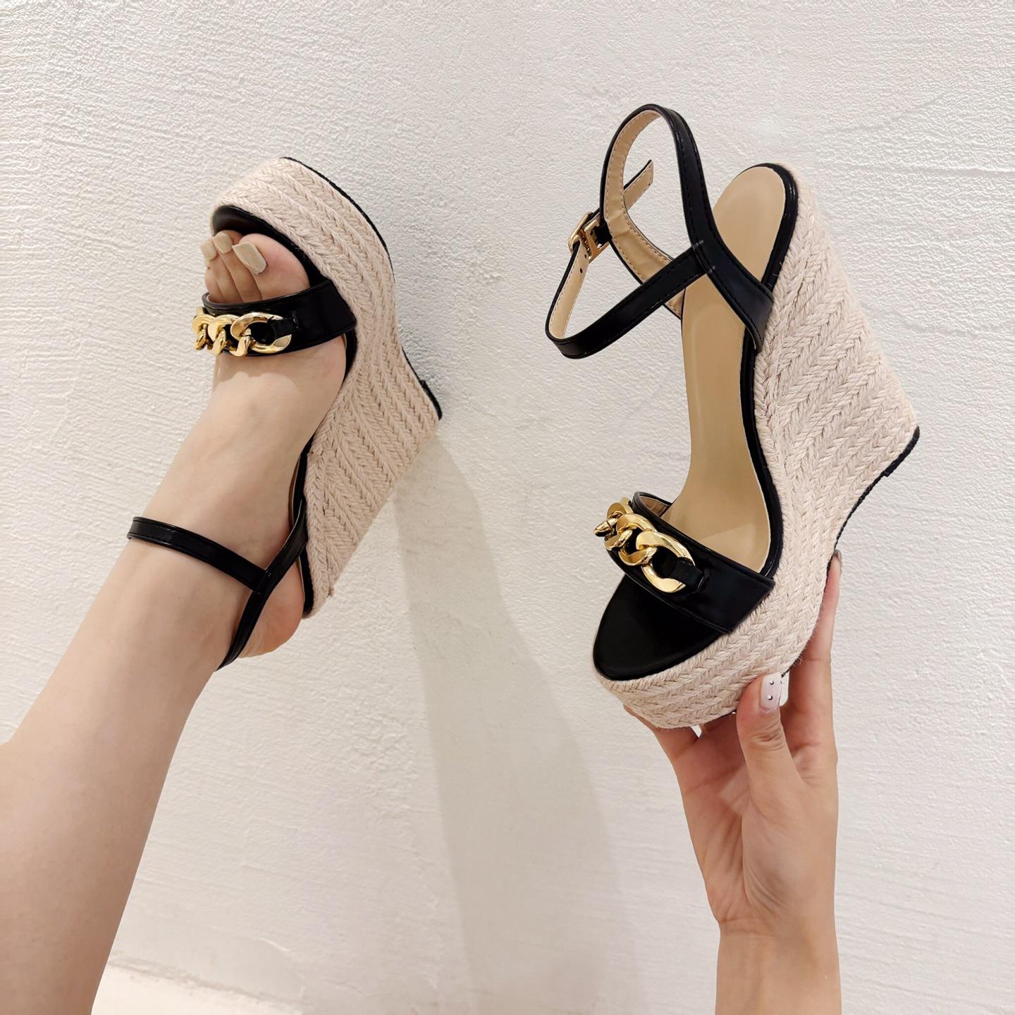 

Мода 2024 года, лето, новые плетеные пеньковые веревки, танкетки, женские сандалии на платформе, открытый носок, цепочка, украшение на щиколотке, пряжка, ремешок, туфли на высоком каблуке 35 чёрный
