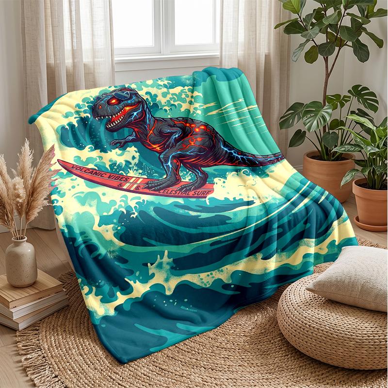 Surfing Dinosaur Wave Theme Blanket Lightweight Warm Flannel Blanket Decorative Throw Blanket for Home Decoration