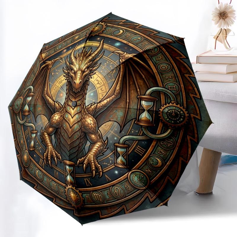 Steampunk Dragon Zodiac pattern umbrella, portable and foldable design, 8 ribs, a casual accessory for Halloween, Christmas, and birthday gifts.