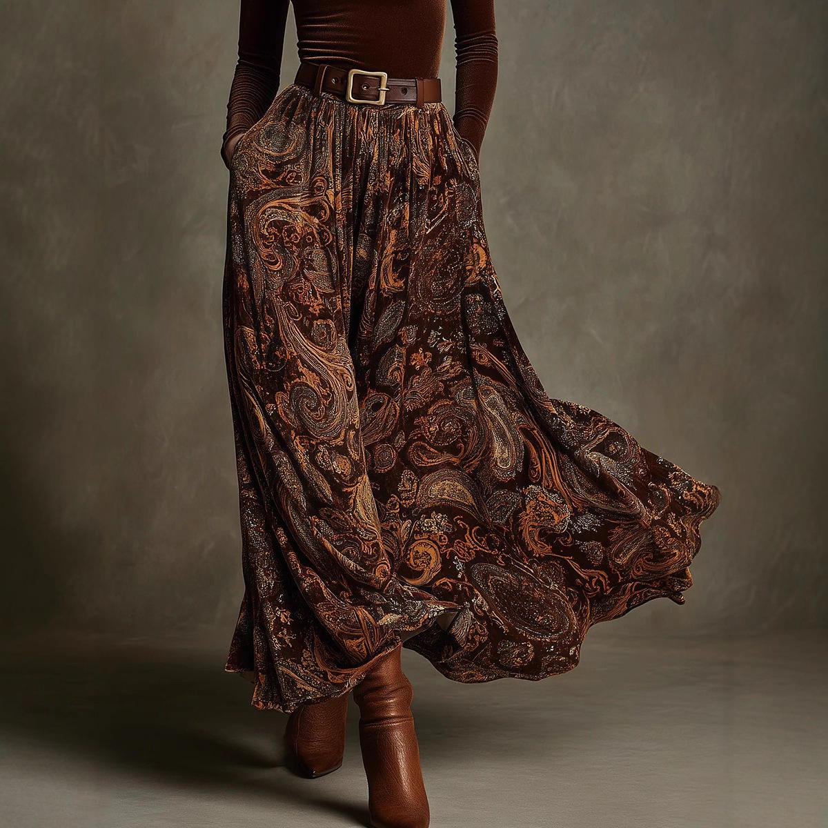 Европейский и американский осенний элегантный комплект из юбки и топа с ретро-принтом, приталенный, 2025 L