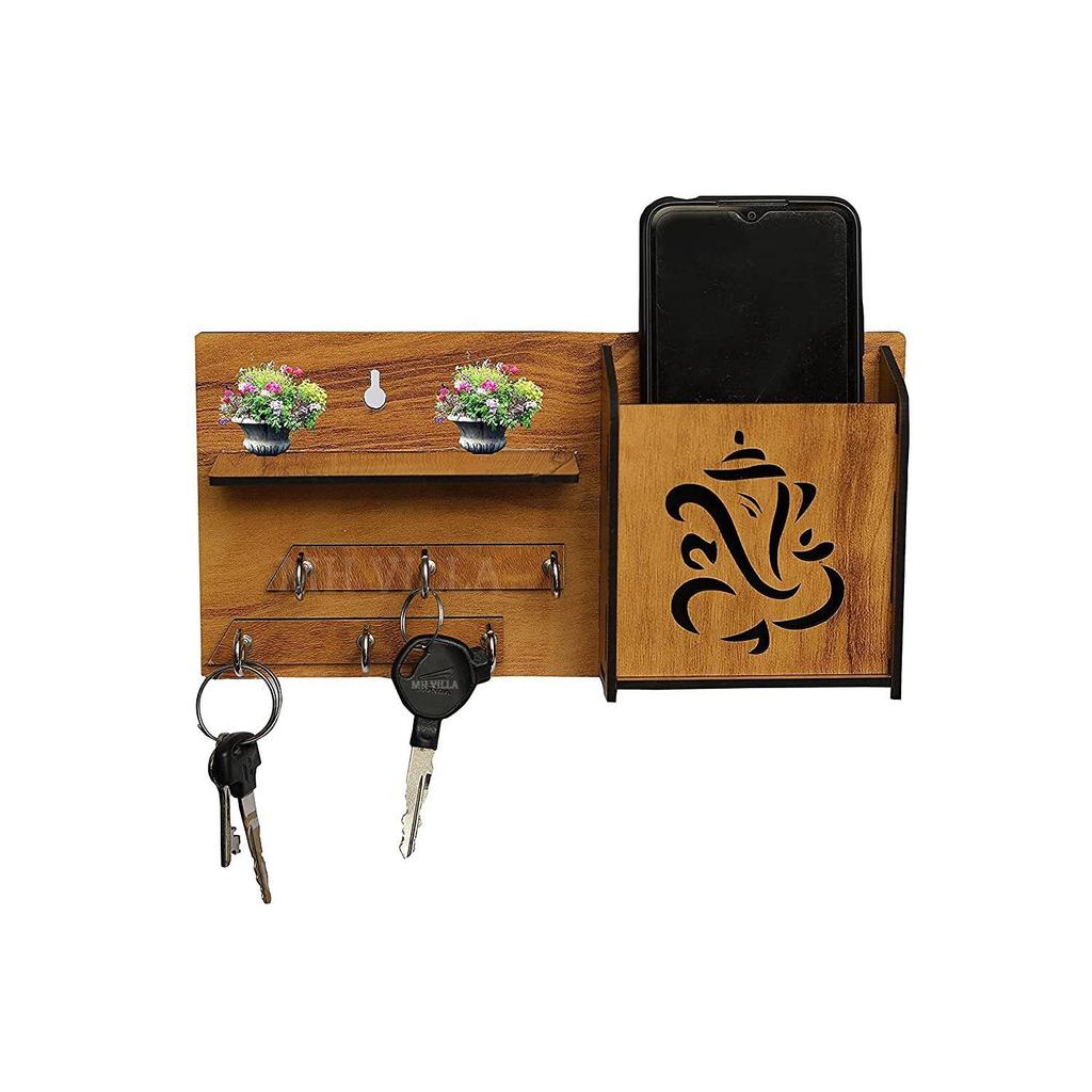 Mehrzweck-Schlüsselhalter aus Holz mit Ganesha-Motiv, mit mobilem Ständer und Wandregal, 6 Schlüsselhaken, 1 Stück, Holz