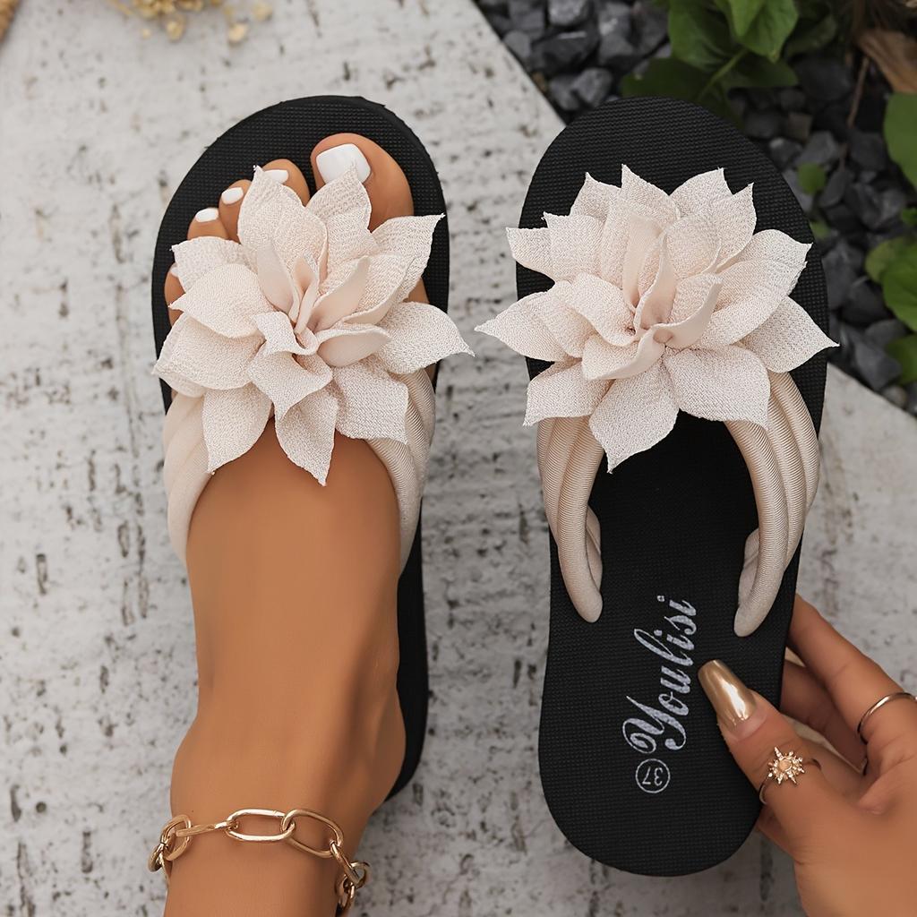 Damen Florale Flip-Flops Slip-On Urlaubsstil Sandalen mit mittlerem Absatz Stoffobermaterial EVA-Sohle Innensohle Einfarbige Sommer-Freizeitschuhe