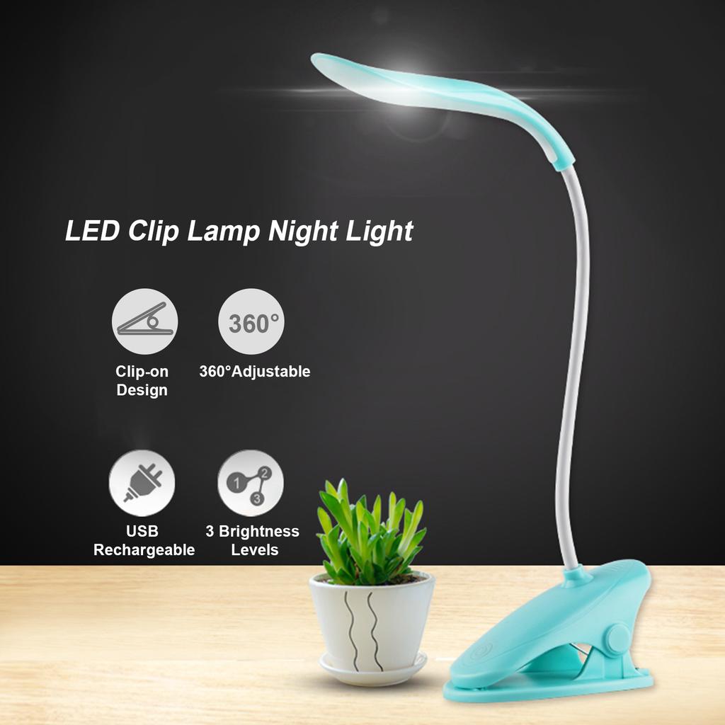 Portable Clip on Desk Lamp LEDs Night Light 2700K 3 Brightness Level Battery USB Rechargeable 360°Flexible Neck Clamp Lamps for Bed Reading Working