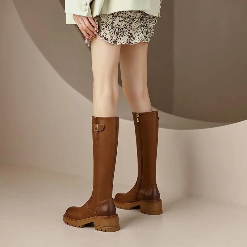 fashion British Style Women's Knight Boots Autumn Side Zip High Heels Retro Chunky Heel Knee Hight Boots Women Shoes Zapatillas Mujer