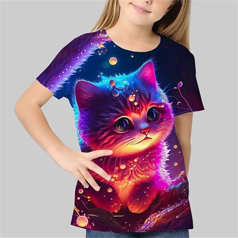 Vêtements Enfants Fille Impression 3D Chat Mignon Décontracté Manches Courtes T-Shirts Graphiques T-Shirt d'Été Mignon et Drôle pour Filles