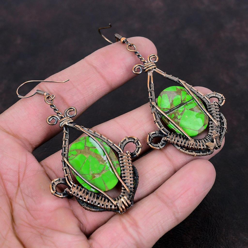 Copper Green Turquoise Earring Copper Wire Wrapped Earrings Handmade Jewelry Gemstone Earring Birthstone Earring Gift For Her Copper Jewelry