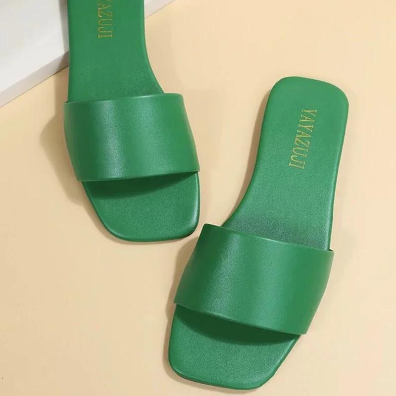 Minimalist Single Band Slide Sandals Solid Color Women Slippers 2025 Summer New Outdoor Sandy Beach Open Toe Flat Shoes