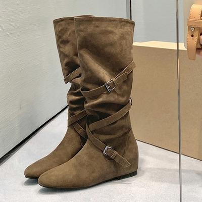 Pile Boots Inner Heightening Cross Buckle Mid-height Cowboy Boots Women's Western Boots