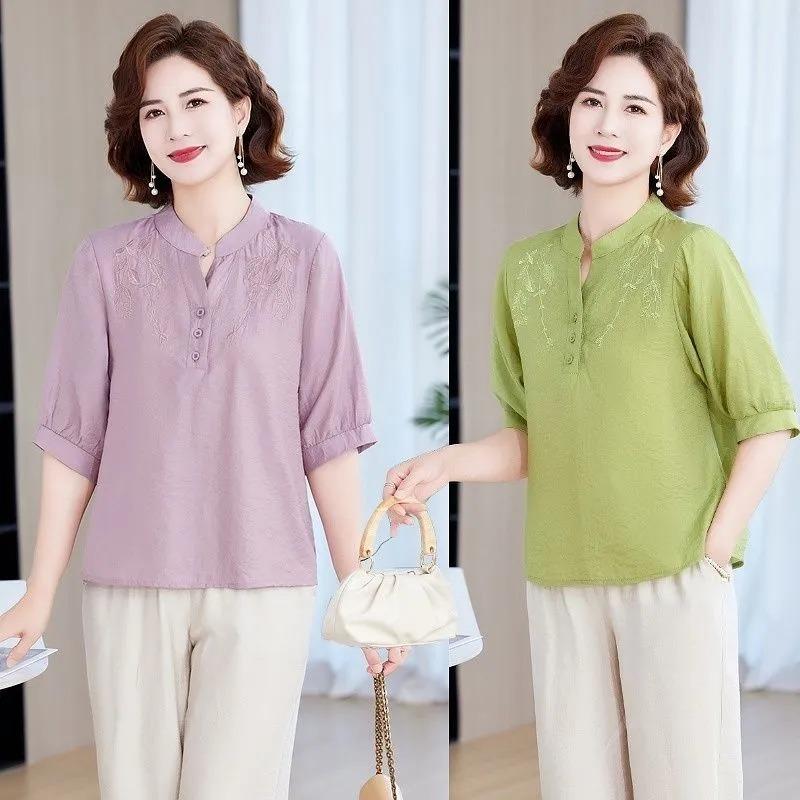 Damen Leinen Baumwolle Bestickte Bluse Lässig Stehkragen 3/4 Puffärmel Hemd