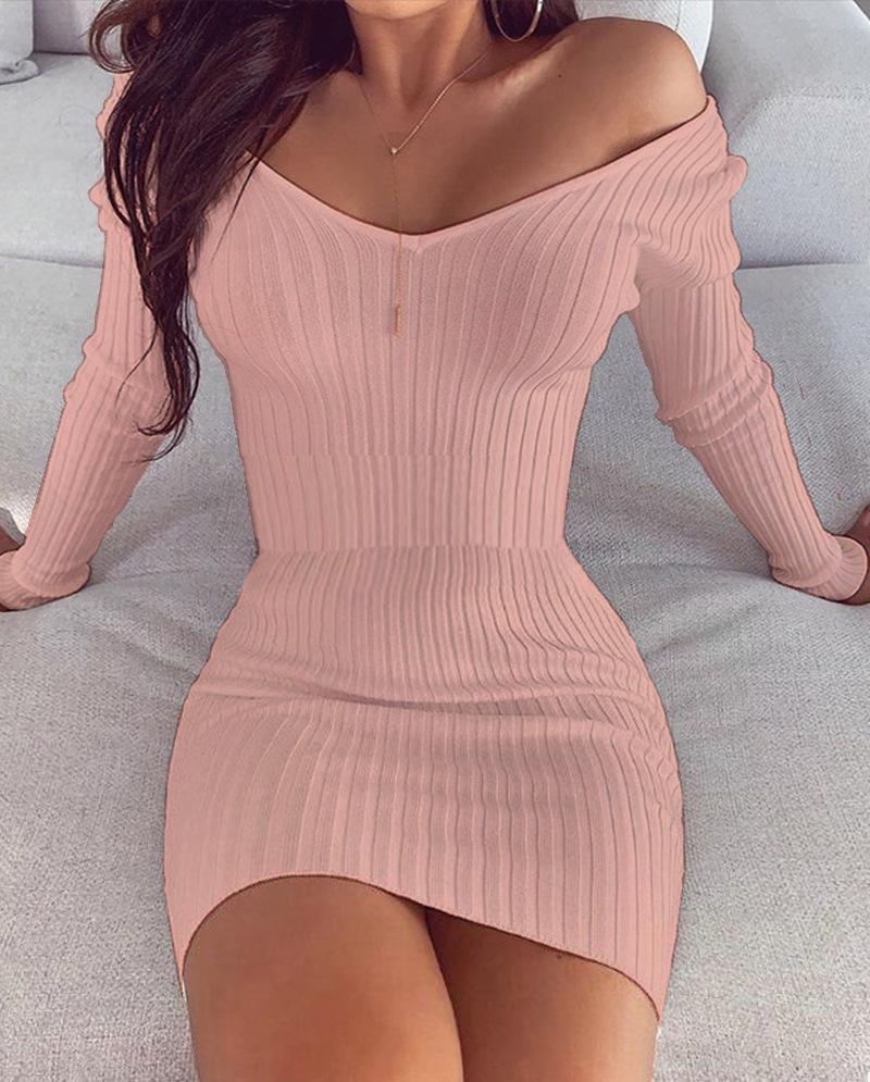 Women s Casual V Neck Ribbed Long Sleeve Bodycon Dress Slim Fit Stretchy Knit Mini Dress M розовый
