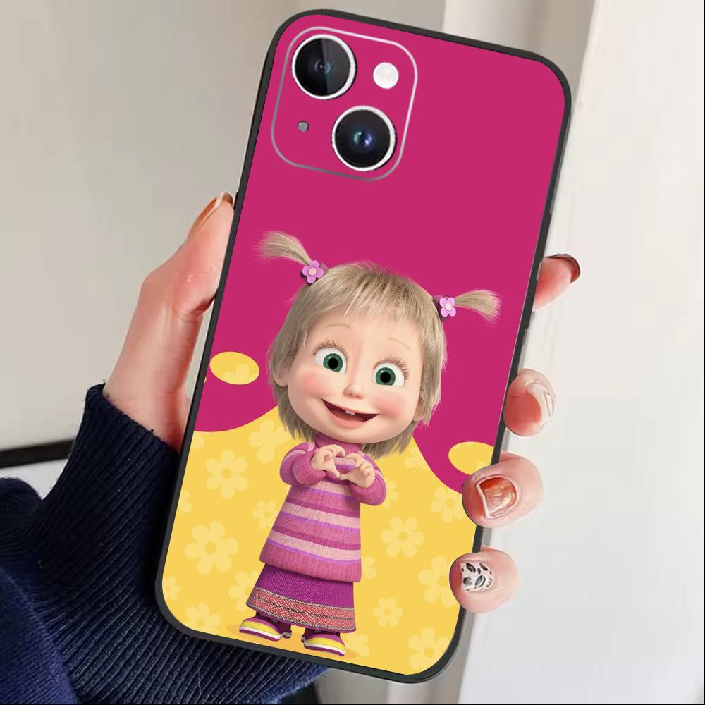 Cute Masha and the Bears Phone Case For iPhone 17 16 15 14 13 12 Max Plus Silicone Black Cover