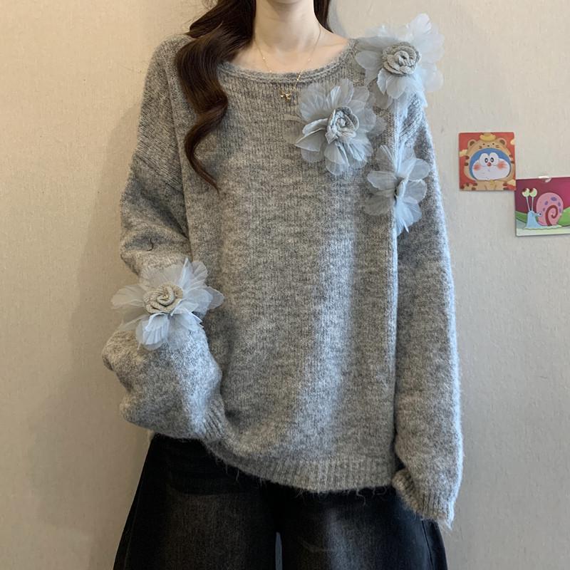 

Autumn/Winter Women s Long Sleeve Knitwear with 3D Flower Design - Cozy Korean Style Sweater Top One Size [80-125] сірий колір