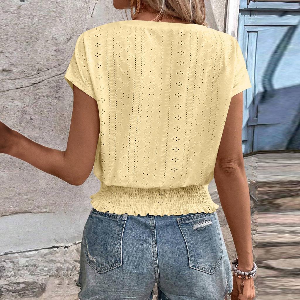 Women's Fashion V-neck Solid Color Hollow Short Sleeve Top T-shirt Summer