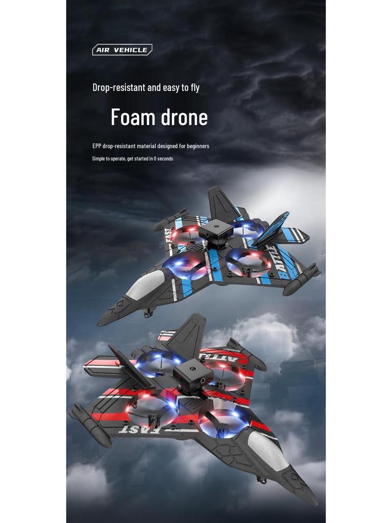 Remote Control Foam Fighter Drone with Lights & Camera - Crash-Resistant, Obstacle Avoidance Airplane Toy for Kids.