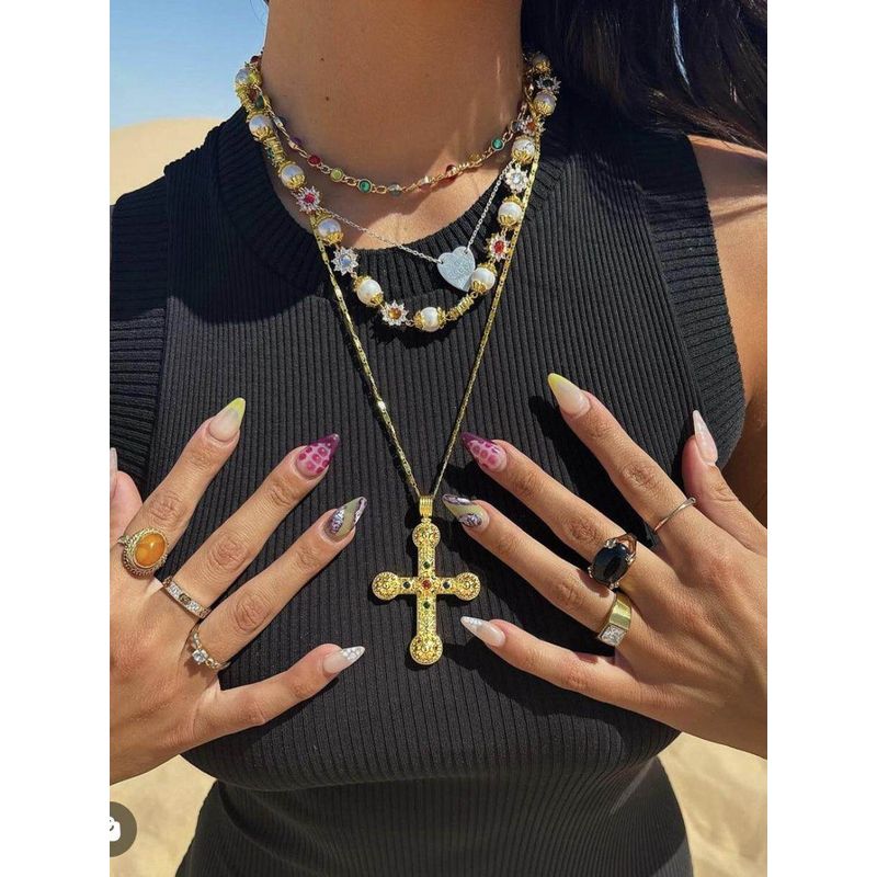 American Baroque Gold Cross Necklace Pearl Multi-Layer Twin Fashion Retro Fancy Sexy Sweater Chain