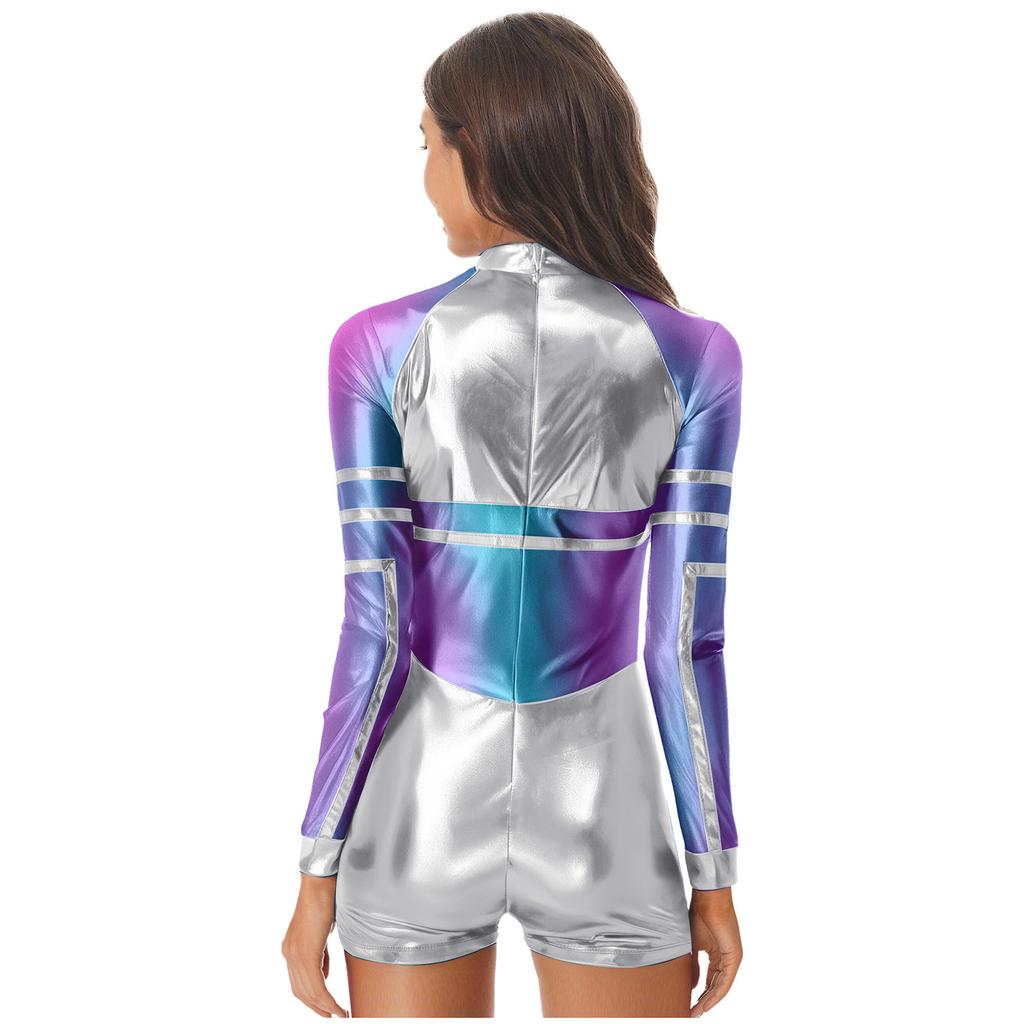 S-3XL Ladies Space Party Jumpsuit Alien Robot Design Metallic Shiny Contrast Color Long Sleeve Back Zipper Bodysuit for Halloween Cosplay