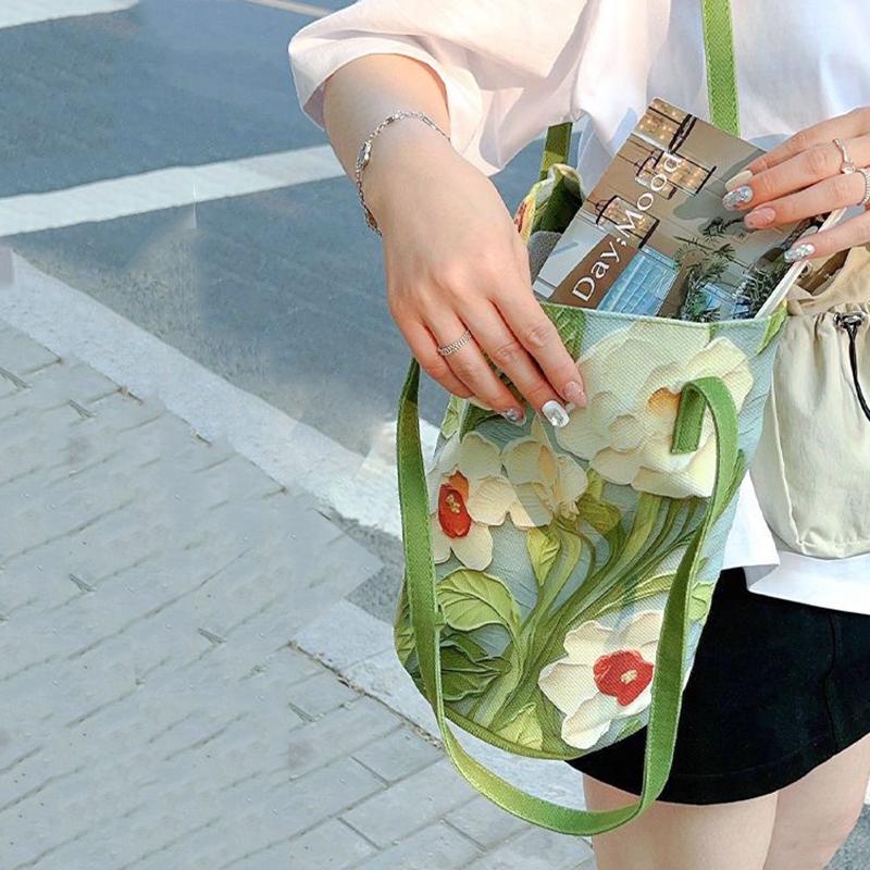 Yogodlns Nová Módní Květinový Vzor Kbelíková Taška Plátěná Ležérní Taška přes Rameno Velká Kapacita Kreativní Kabelka pro Ženy