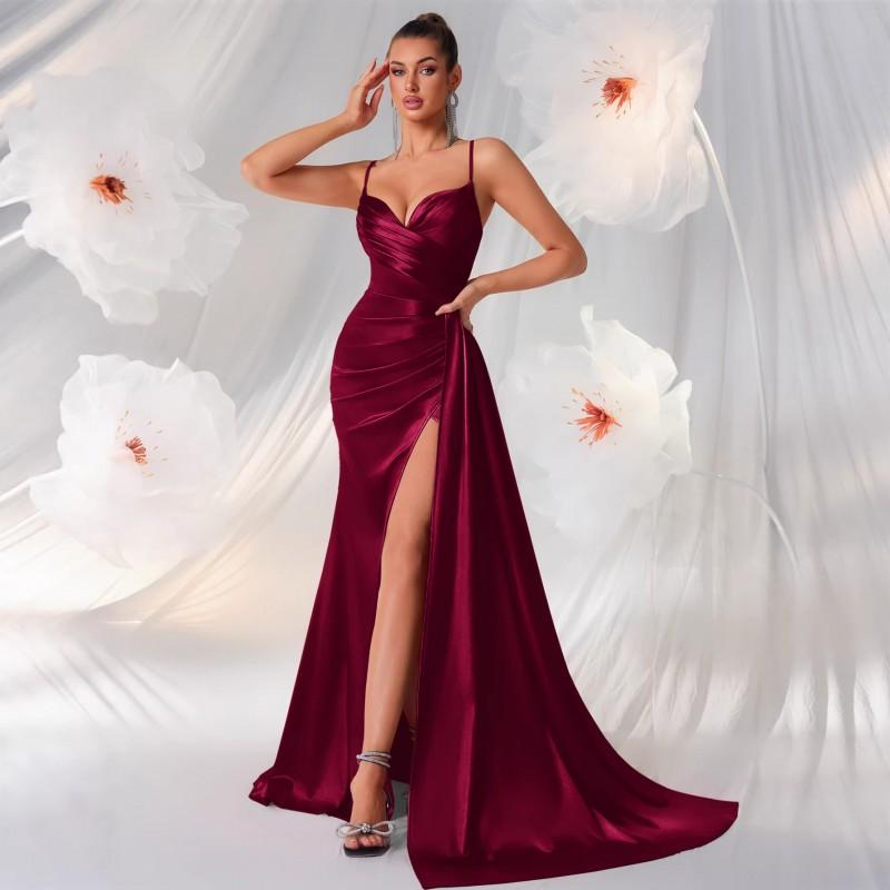 Elegant Satin Slip Dress With Side Slit Slim Fit Sleeveless Evening Gown Formal Party Hostess
