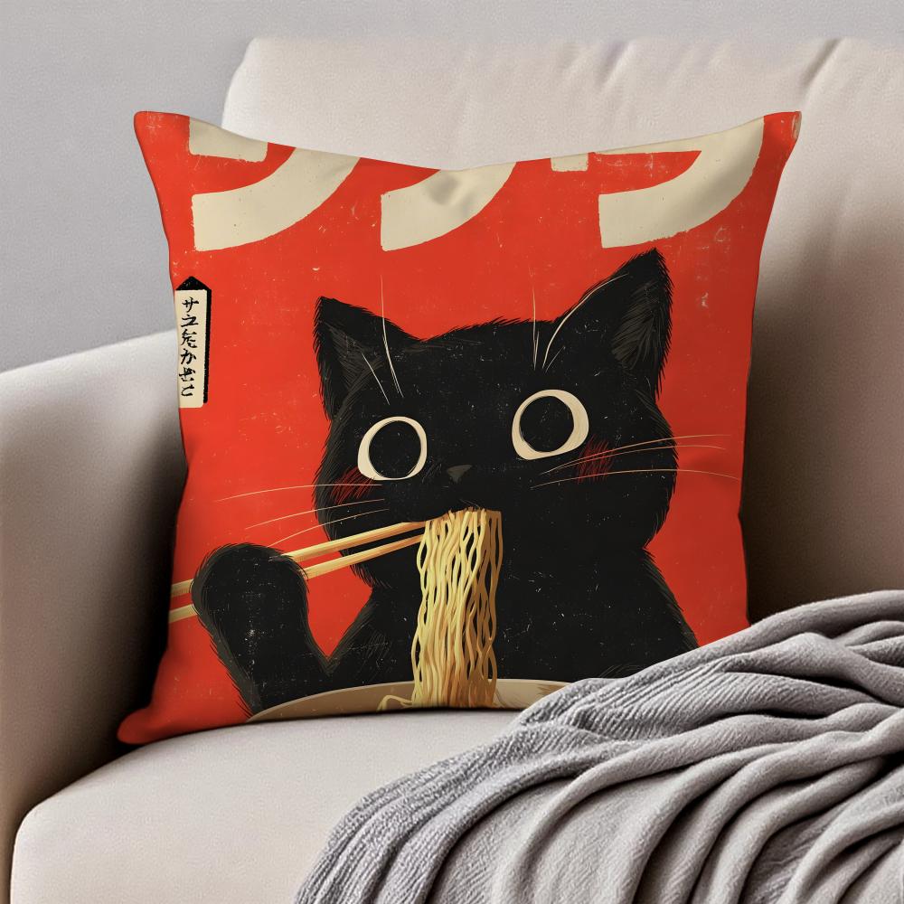 R-Ramen Animal Anime Painting Cushion Cover Pillowcase Anti-Dustmite Invisible Zipper Short Plush Sofa Cushion