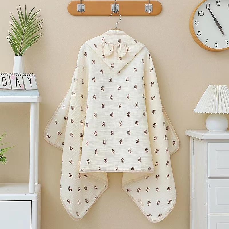 Beige Children'S Hooded Bath Towel Four-Layer Cotton Gauze Cape Bath Towel Soft Absorbent Baby Bath Robe