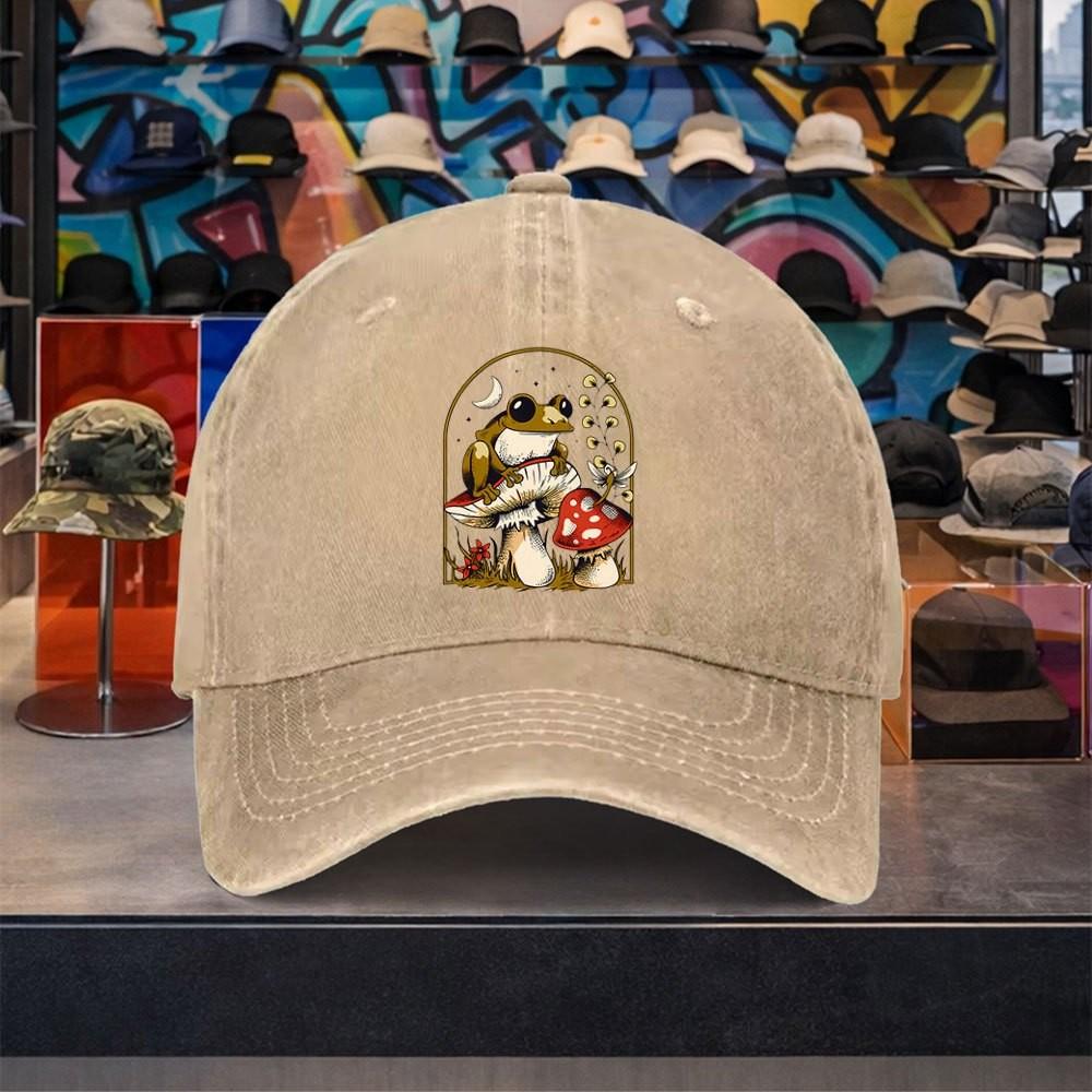 Frog Mushroom Graphic Baseball Cap Washed Cotton Vintage Adjustable Outdoor Casual Hat