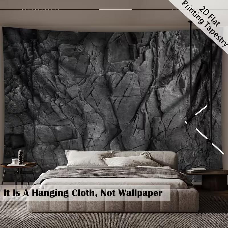 Arazzo 2D Pietra Grigio Nero, Appeso a Parete con Texture Rocciosa per Decorazione della Stanza