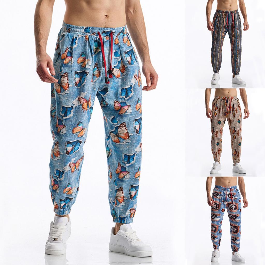 Spring and Summer Men's 3D Printed Cotton and Linen Casual Pants Elastic Waist Lace-up Pants