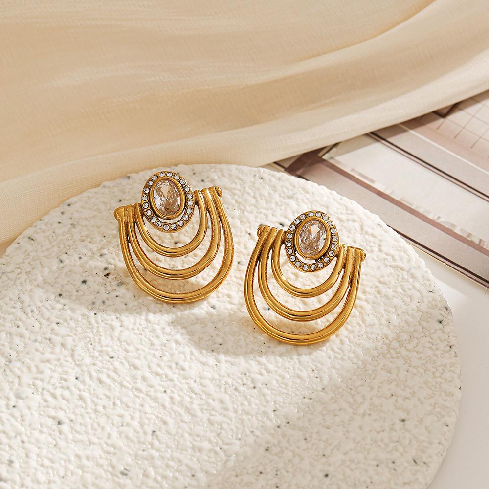18K Gold Vacuum-Plated Stainless Steel Zirconia Stud Earrings - Women's High-End European American Retro Style, Waterproof with Polished Finish