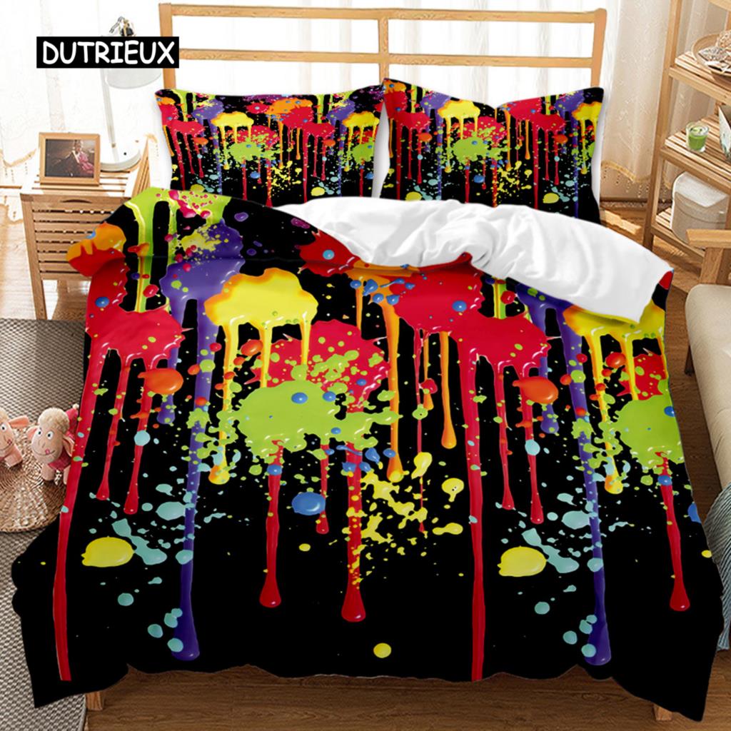 Watercolor Duvet Cover Set MultiColorful Graffiti Splatter Polyester Bedding Set Kids Teens Double Queen King Size Qulit Cover