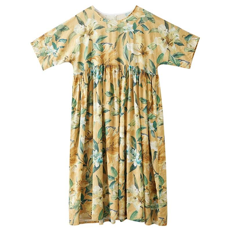 Κοντό μανίκι Plus size Βαμβακερό vintage φλοράλ νέο σε φορέματα για γυναίκες casual φαρδύ μακρύ καλοκαιρινό φόρεμα