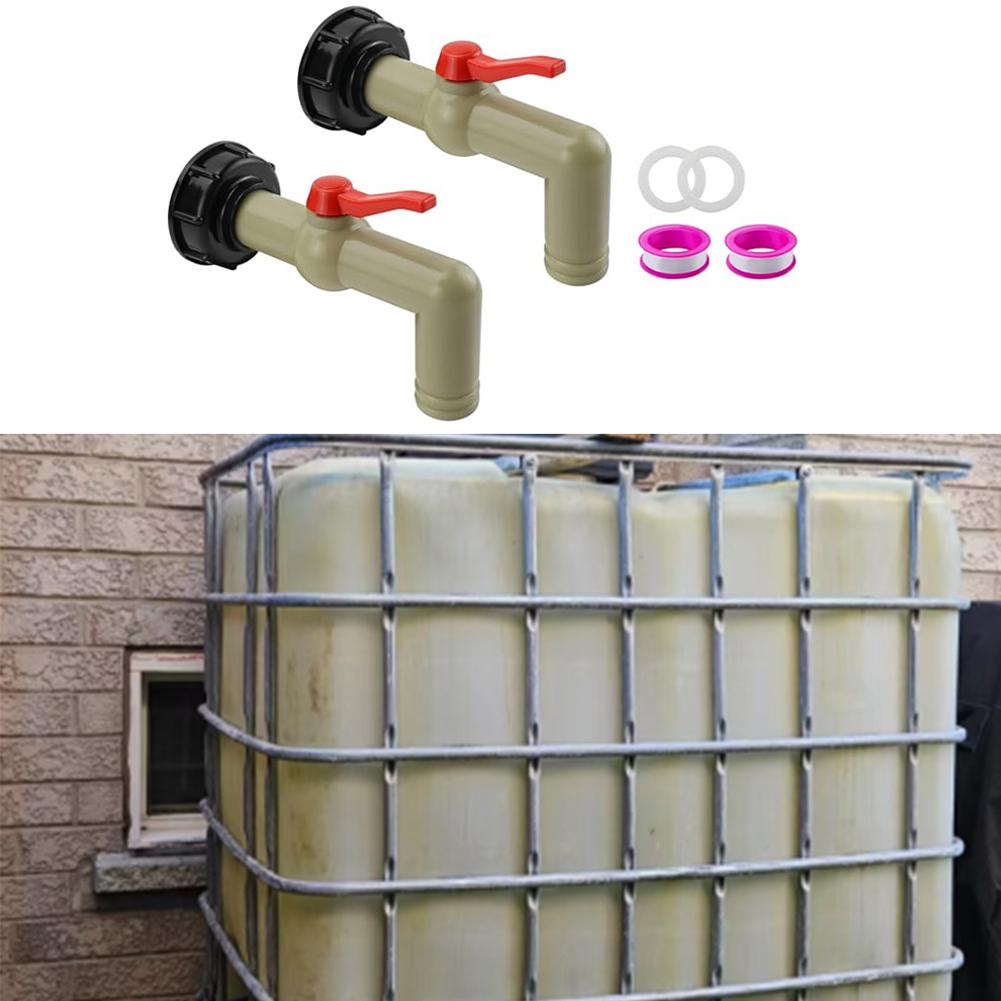 Kunststoff-Wasserhahn-Set mit zwei Anschlüssen, zwei Dichtungen, zwei Adapterabdeckungen und Klebeband für 1000-Liter-Regenwassertanks, einfache Installation