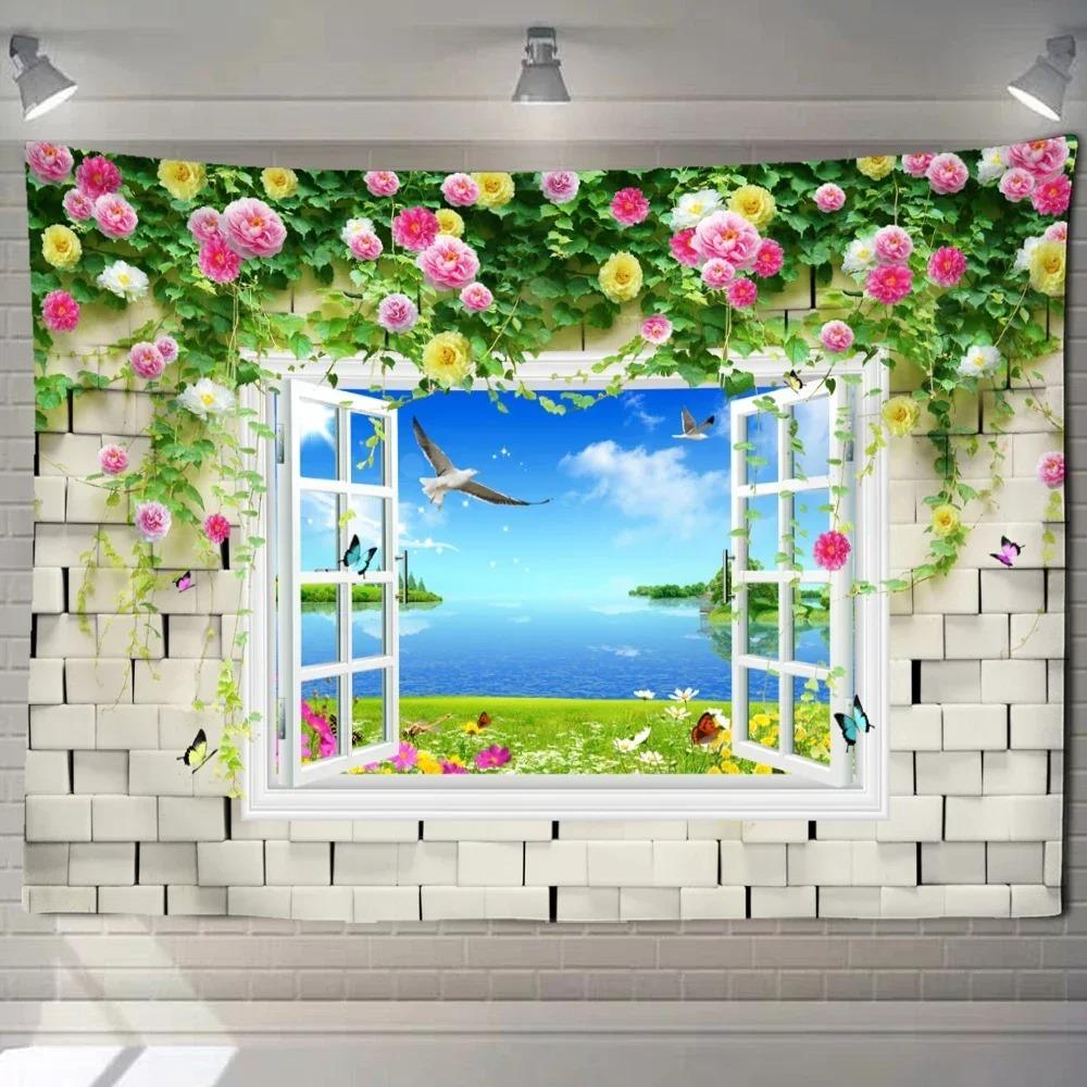 Home decoration natural ecological beach scenery imitation window paper art tapestry background wall room beautiful living room