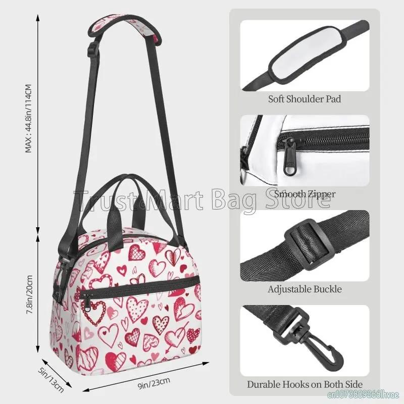 Love Hearts Pattern Insulated Lunch Bag Leakproof Cooler Thermal Bento Tote Bag Red Love Heart Lunch Box for Work Picnic Beach