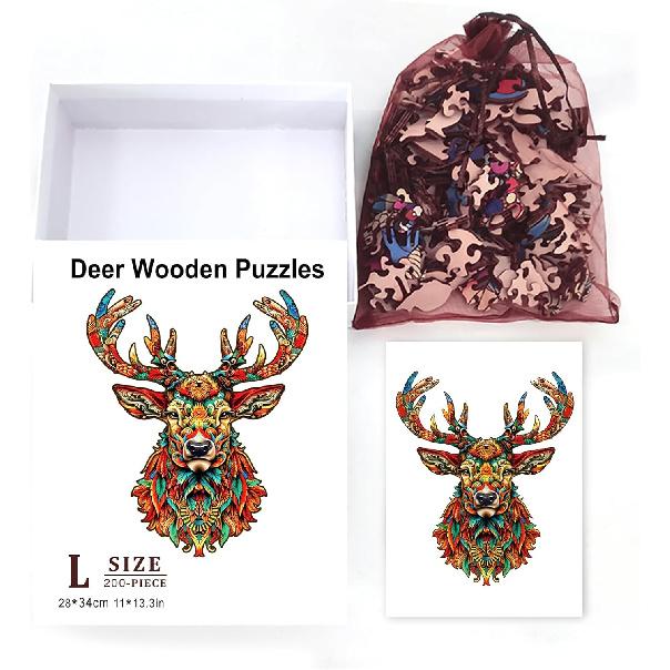GLOBLELAND 200Pcs Deer Wooden Jigsaw Puzzles for Adults 280x340mm/11x13.4inch Elk Wood Children Puzzles Colorful Unique Animal Shaped Wooden Puzzles